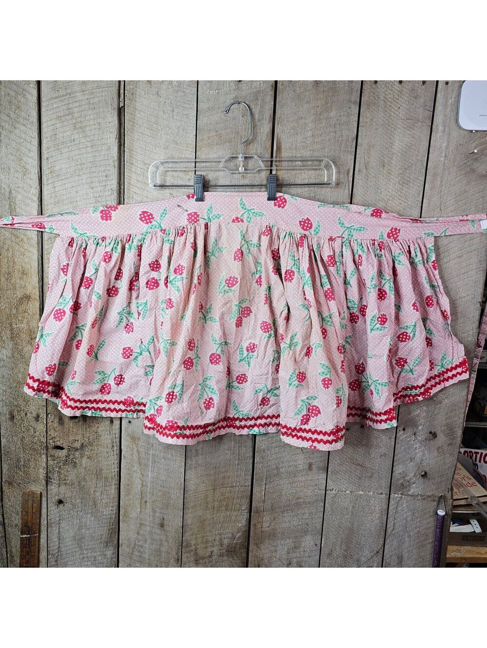 Vintage 1950s Strawberry Print Half Apron Pink Green Red Rick Rack Mid-Century